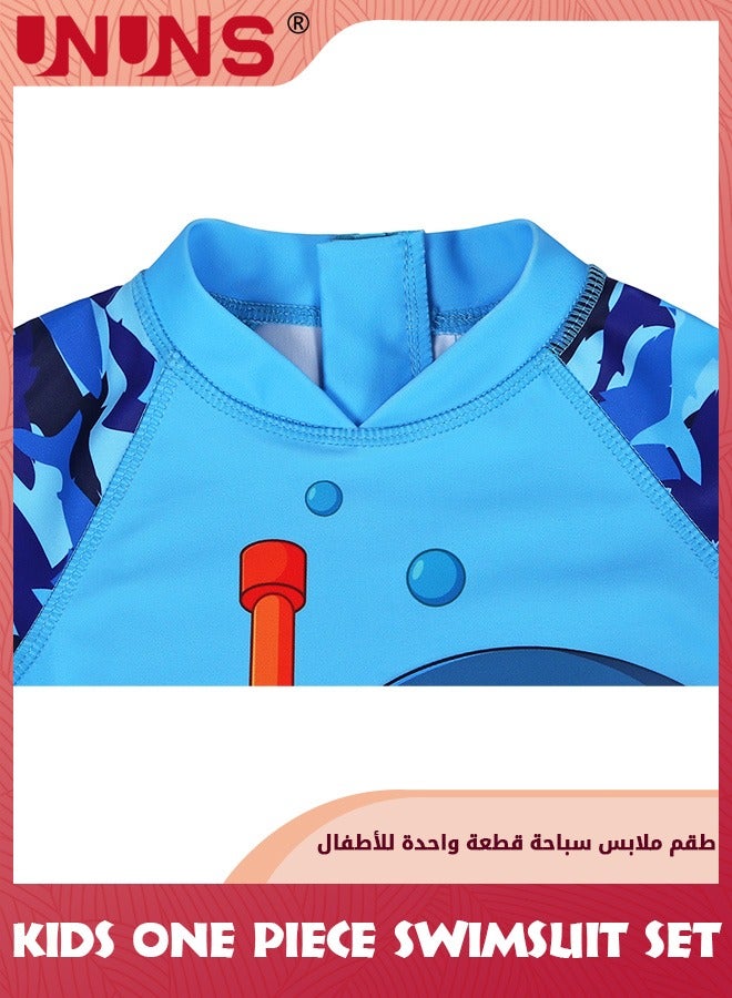 UNUNS طقم ملابس سباحة من قطعة واحدة للأطفال الصغار، ملابس سباحة من قطعة واحدة للأطفال الأولاد والبنات مع قبعة، ملابس سباحة قصيرة الأكمام، ملابس سباحة بسحاب للشاطئ، حماية من أشعة الشمس فوق البنفسجية، قرش أزرق - Image 3