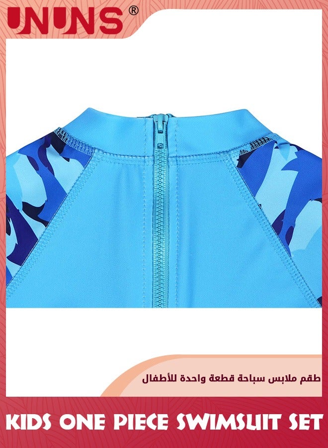 UNUNS طقم ملابس سباحة من قطعة واحدة للأطفال الصغار، ملابس سباحة من قطعة واحدة للأطفال الأولاد والبنات مع قبعة، ملابس سباحة قصيرة الأكمام، ملابس سباحة بسحاب للشاطئ، حماية من أشعة الشمس فوق البنفسجية، قرش أزرق - Image 4