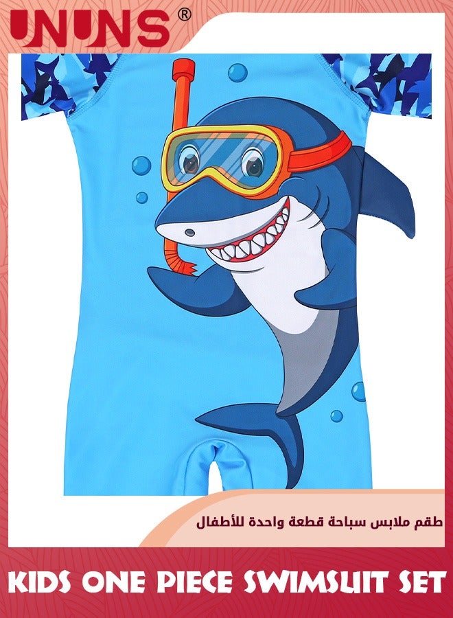 UNUNS طقم ملابس سباحة من قطعة واحدة للأطفال الصغار، ملابس سباحة من قطعة واحدة للأطفال الأولاد والبنات مع قبعة، ملابس سباحة قصيرة الأكمام، ملابس سباحة بسحاب للشاطئ، حماية من أشعة الشمس فوق البنفسجية، قرش أزرق - Image 5