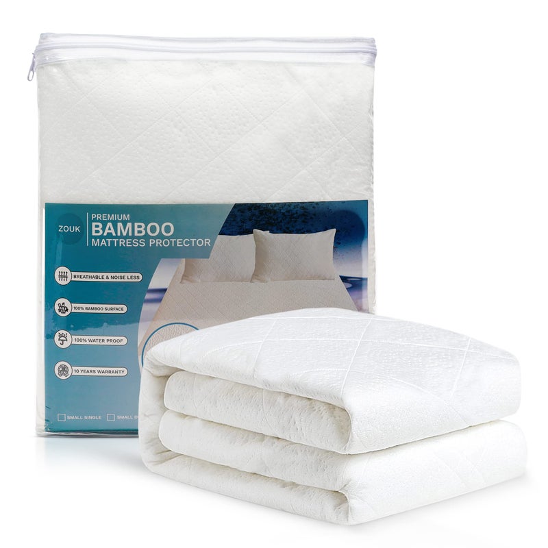 ZOUK Bamboo Mattress Protector Small Double  Waterproof Fitted Cover 120 x 190  35 cm  Breathable Soft  Noiseless  Small Double Mattress Protector Waterproof  Washable