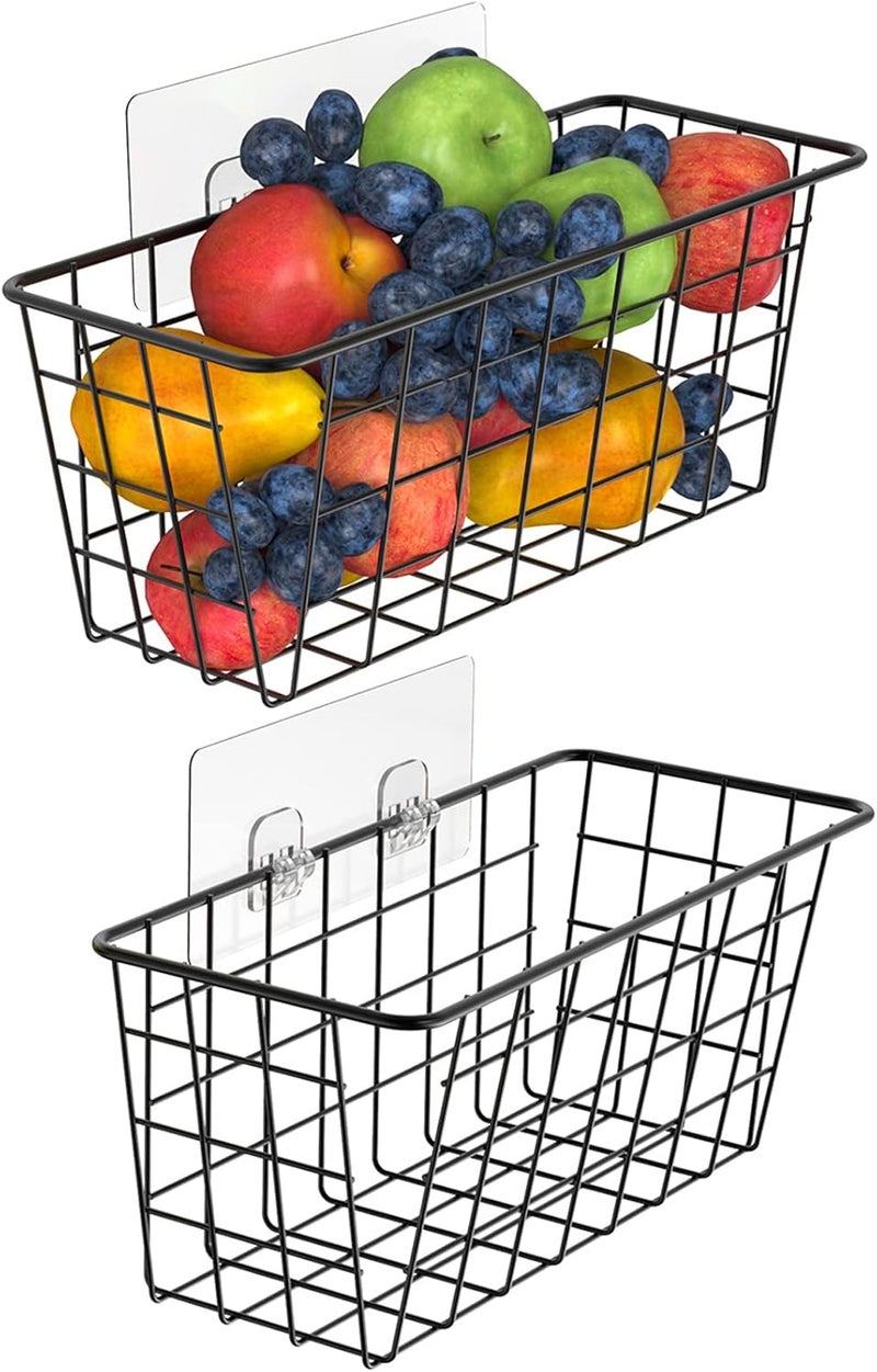 Deertaip Hanging Kitchen Baskets For Storage Adhesive Small Wire Storage Baskets No Drilling Wall Mounted Shelf with Kitchen Food Pantry Bathroom Shelf Storage, 2 PACK, Black - Image 1