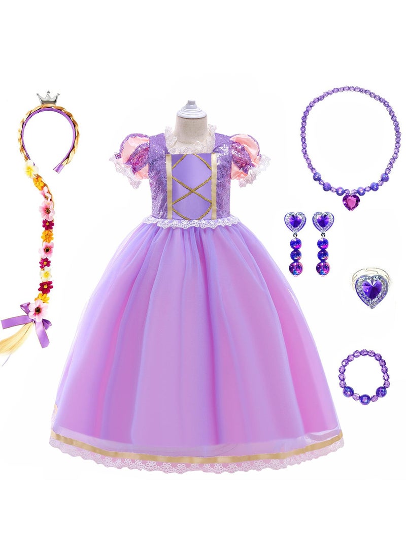 Sweet seven طقم تنكر الأميرة رابونزل: كوسبلاي، عيد ميلاد، زي خيالي مع باروكة، مجوهرات، وتاج - فستان فاخر للحفلات للفتيات مناسب لطول 120 سم - Image 1