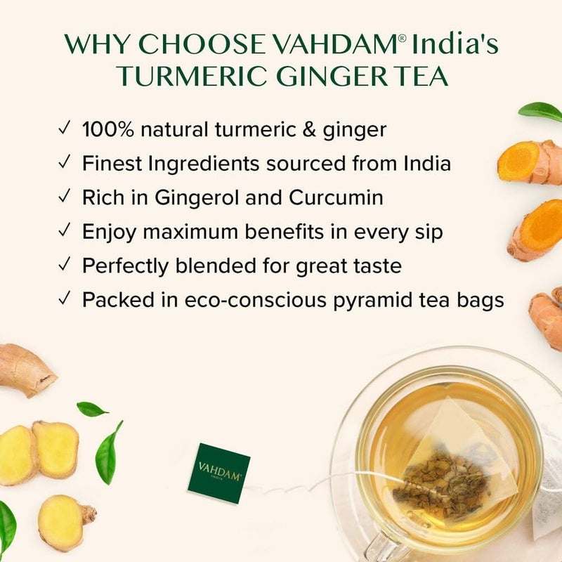 VAHDAM Turmeric Ginger Herbal Tea Bags - 100 Caffeine Free Pyramid Tea Bags, Non-GMO, Gluten Free - Image 2