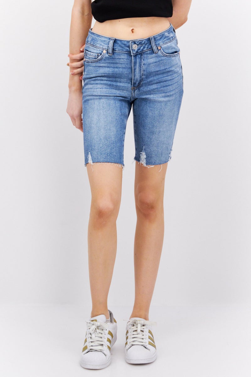 PAIGE Women Martina Washed Stretchable Denim Shorts, Light Wash Blue - Image 1