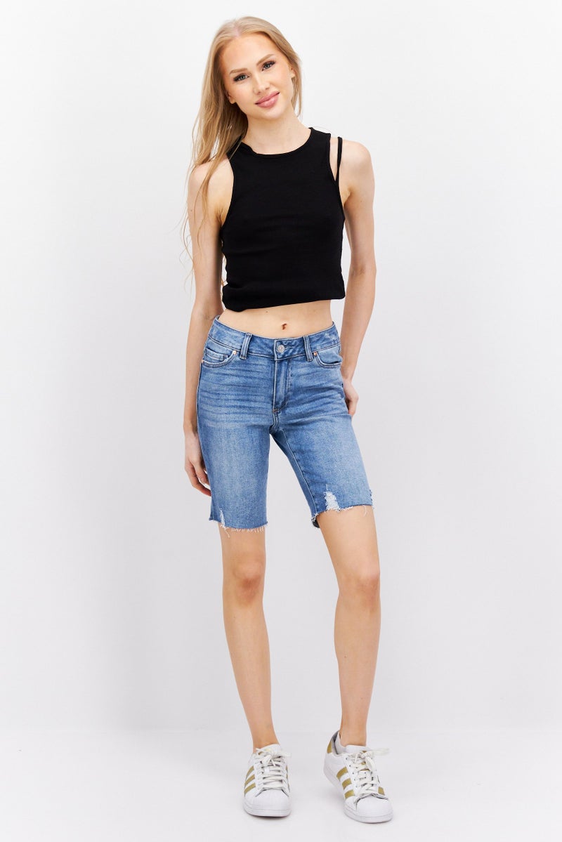 PAIGE Women Martina Washed Stretchable Denim Shorts, Light Wash Blue - Image 2