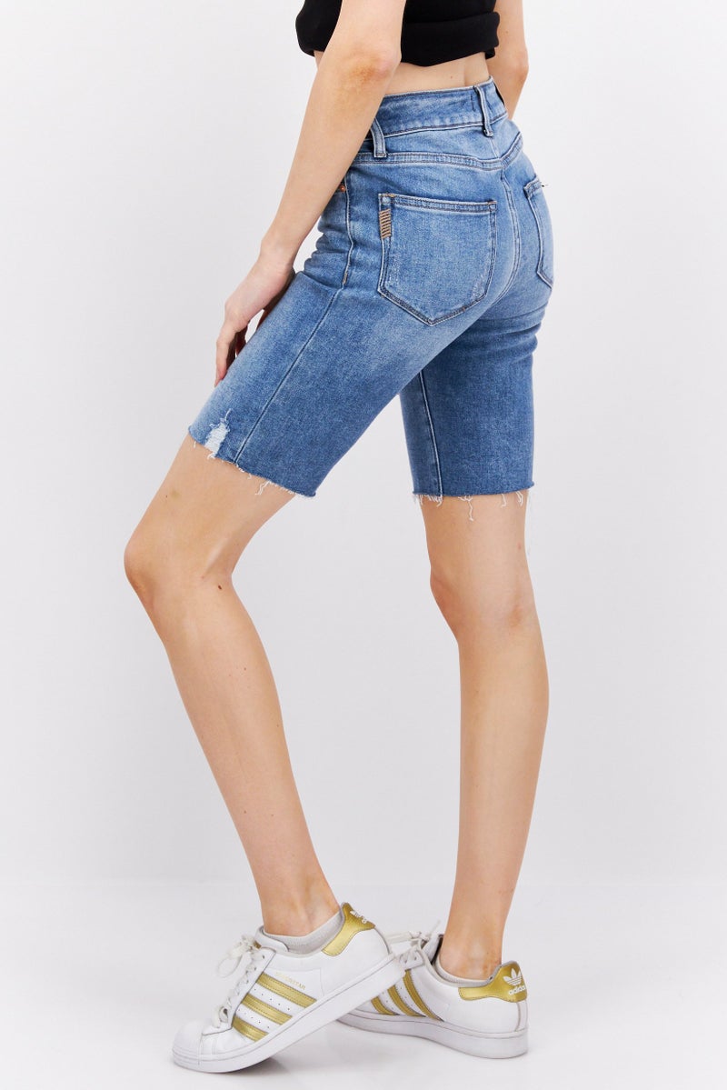 PAIGE Women Martina Washed Stretchable Denim Shorts, Light Wash Blue - Image 2
