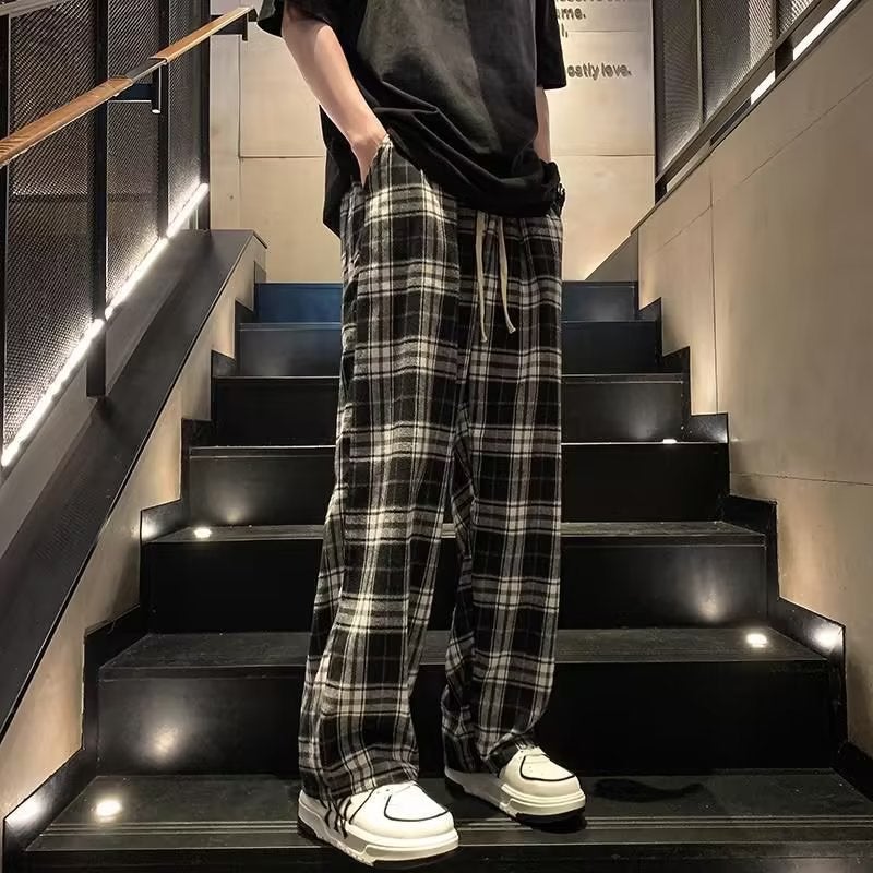 Summer Plaid Pants Men Loose Sports Japanese Retro Black - Image 1