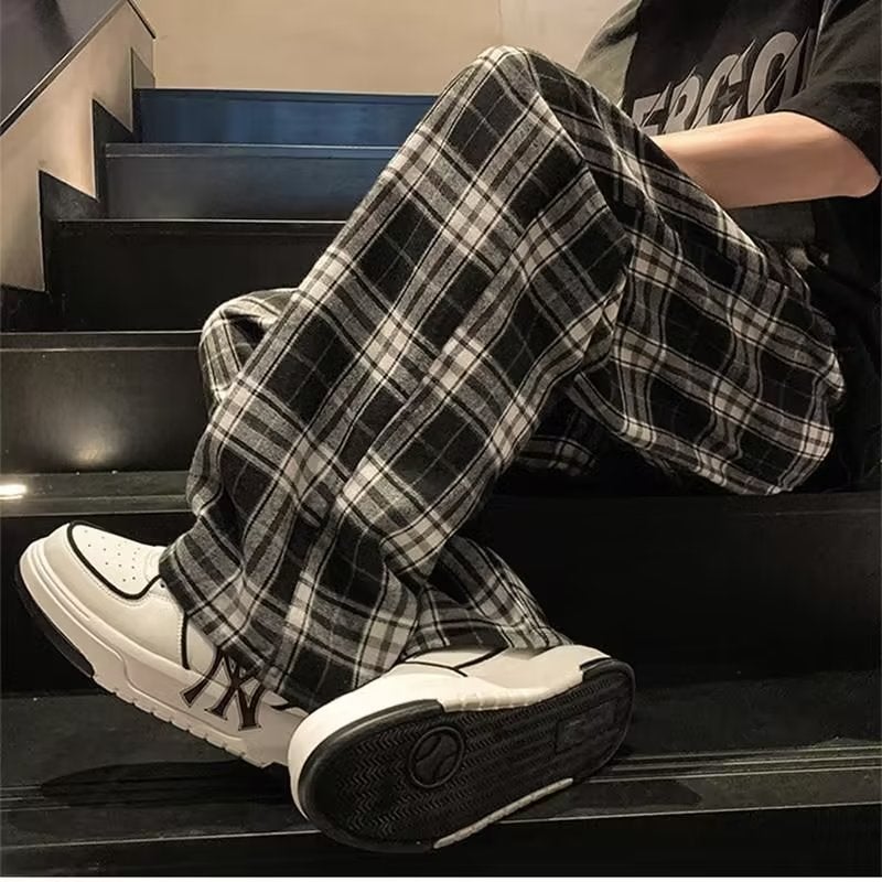Summer Plaid Pants Men Loose Sports Japanese Retro Black - Image 4