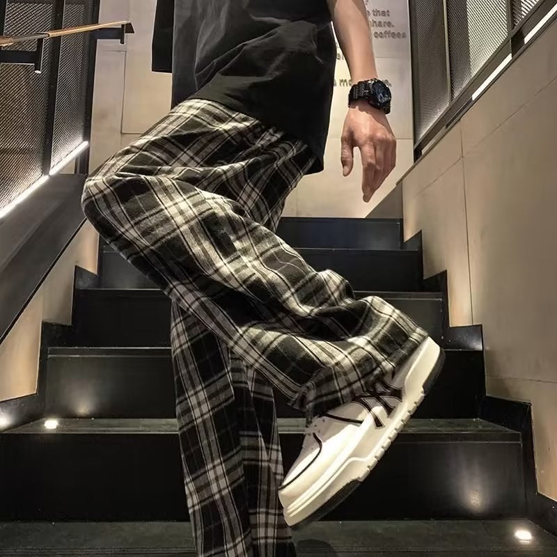 Summer Plaid Pants Men Loose Sports Japanese Retro Black - Image 3