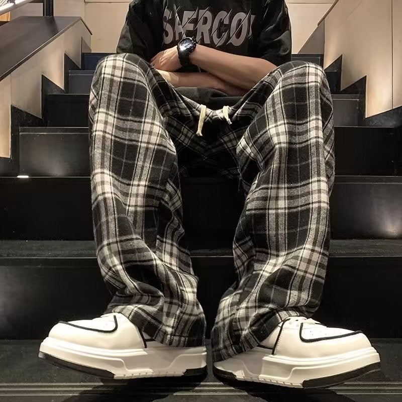 Summer Plaid Pants Men Loose Sports Japanese Retro Black - Image 5