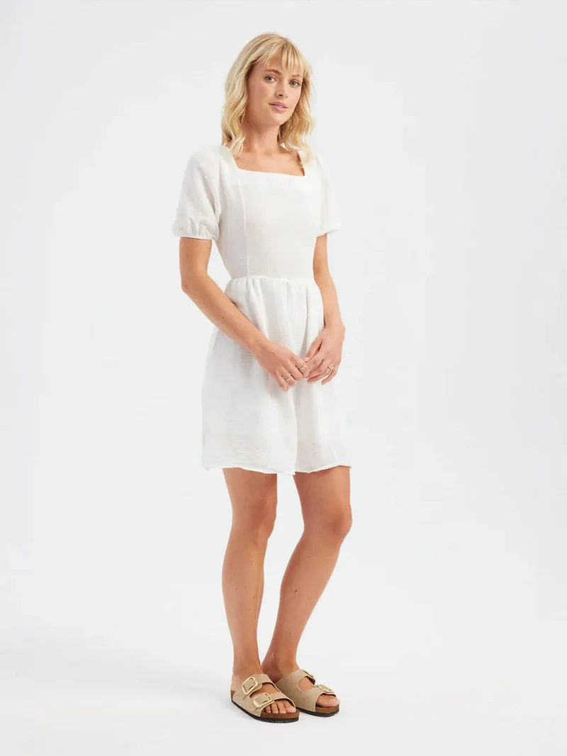 Hiccup Ivory Natural Square Neck Short Sleeve Mini Dress for Women | Best Price UAE