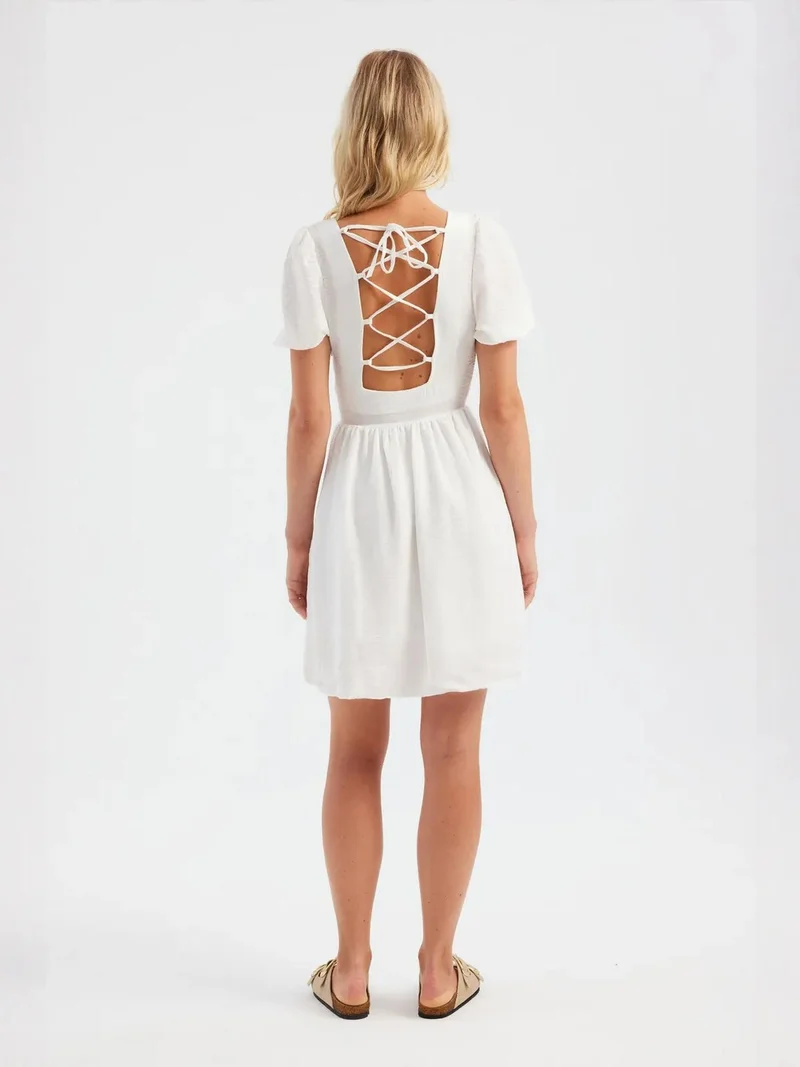 Hiccup Ivory Natural Square Neck Short Sleeve Mini Dress for Women | Best Price UAE