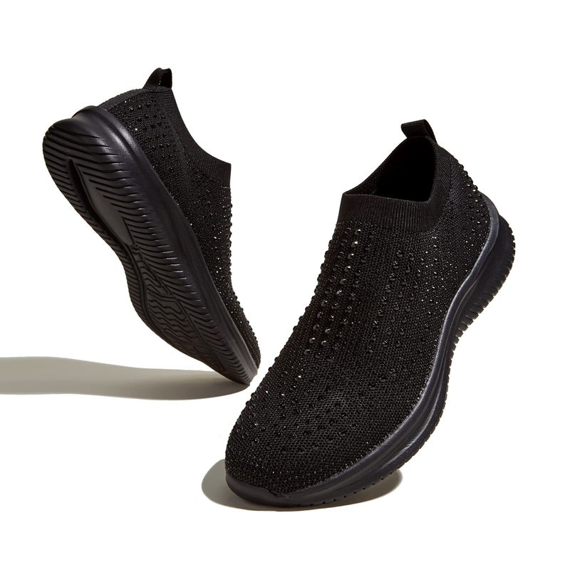 BELOS Women's Rhinestone Slip On Walking Shoes Breathable Mesh Knit Sock Shoes Fashion Comfortable Sparkly Sneaker(Black,7) - Image 1
