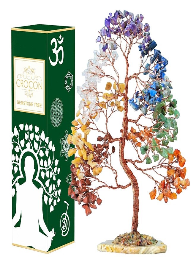 Crocon® 7 Chakra Tree of Life Spiritual Wisdom, Agate Slice Base, Handmade Crystal Tree for Positive Energy, Creativity, Seven Chakra Healing Stone, Attract Good Luck & Charm, Feng Shui Decor, Gifts - Image 1