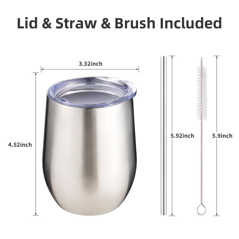 Fristchoice 12 Oz Insulated Wine Tumbler With Lid And Straw Stainless Steel Stemless Wine Tumbler Glasses Double Wall Vacuum Wine Cups Tumbler Bulk For Coffee Cocktail Office(Silver 4) - Image 4