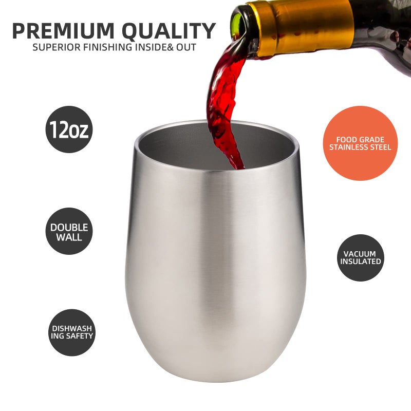 Fristchoice 12 Oz Insulated Wine Tumbler With Lid And Straw Stainless Steel Stemless Wine Tumbler Glasses Double Wall Vacuum Wine Cups Tumbler Bulk For Coffee Cocktail Office(Silver 4) - Image 2