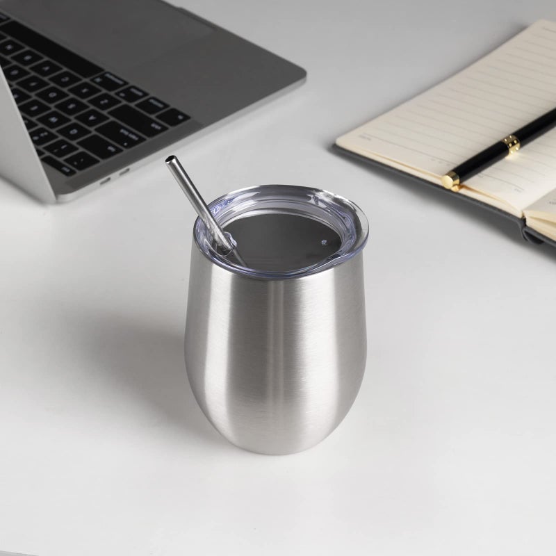 Fristchoice 12 Oz Insulated Wine Tumbler With Lid And Straw Stainless Steel Stemless Wine Tumbler Glasses Double Wall Vacuum Wine Cups Tumbler Bulk For Coffee Cocktail Office(Silver 4) - Image 5