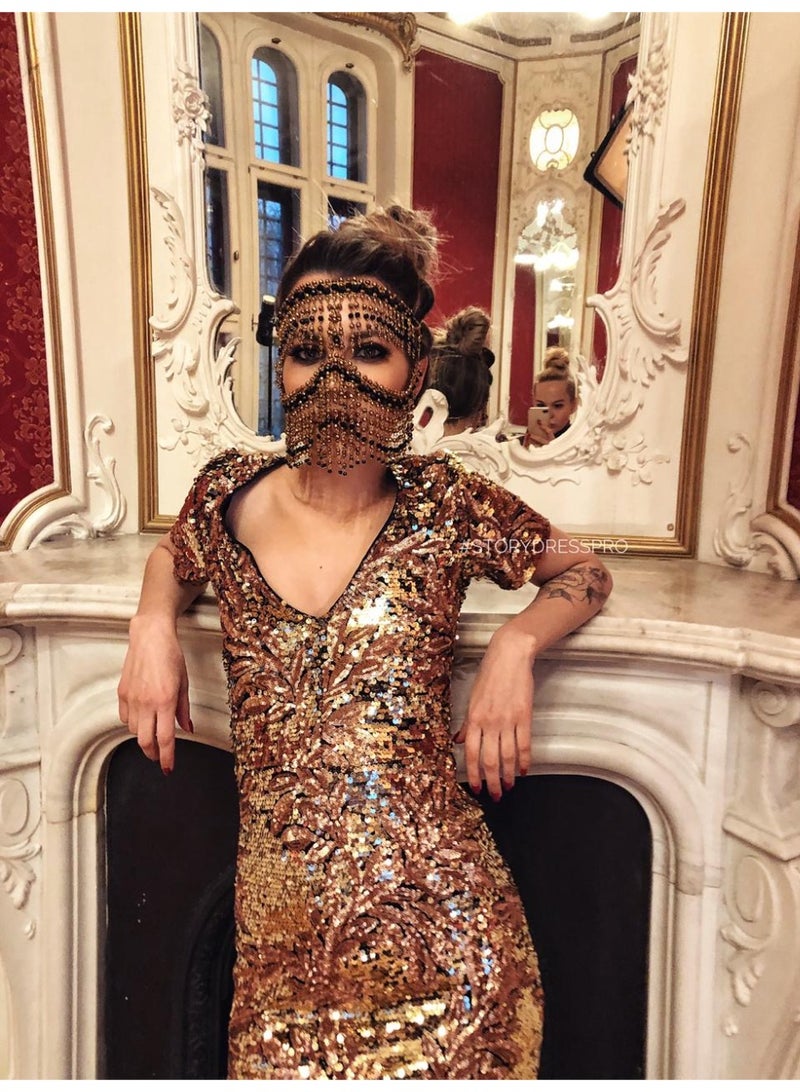 GetmanJewelry Getman Jewelry Tribal Women Face Chain, Unique Beadded Dancing Veil, Handmade Gold Face Mask for Bellydance, Performances & Festival Fashion - Image 3