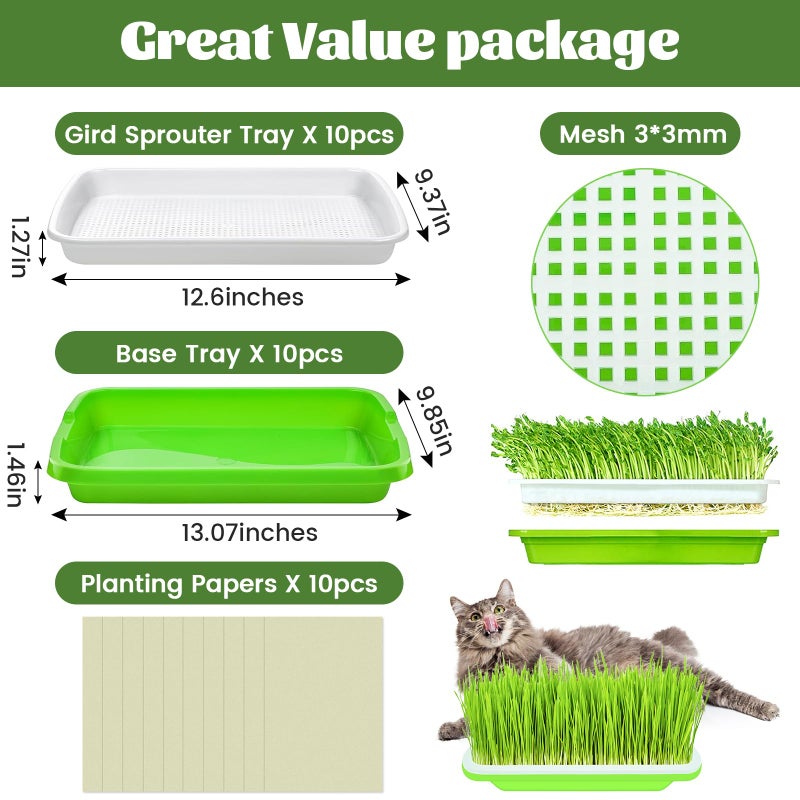Legigo 10 Pack Green Seed Sprouter Trays- Soil-Free Cultivation Germination Tray, BPA Free Nursery Tray with Planting Paper for Indoors or Outdoors Sprouting Seeds, Grow Grass, Beans (Without Lids) - Image 2