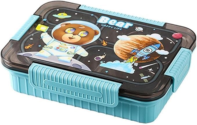 Lunch Box Stainless Steel Insulated 3 Compartment With Cup Spoon Fork Portable Microwavable Leak Proof Food Container For Students Kids 900ml + 150ml (Blue)