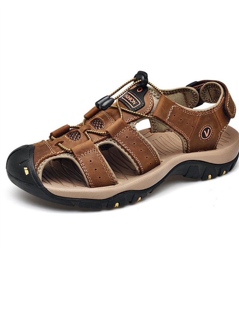 Loquat - Leather Top Layer Leather Velcro Wrapped Sandals Brown - Image 1