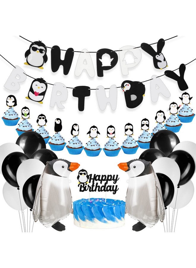 Gejoy 48 Pcs Penguin Birthday Party Decoration Includes Happy Birthday Penguin Banner Walking Balloons Cake Topper Latex Balloons Party Supplies for Winter Baby Shower - Image 1