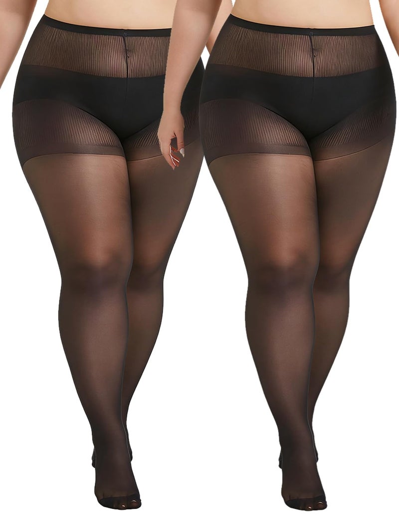MERYLURE Plus Size Sheer Tights for Women,20D Control Top Pantyhose Reinforced Toes High Waist Stockings 2 Pairs 1XL-6XL - Image 1