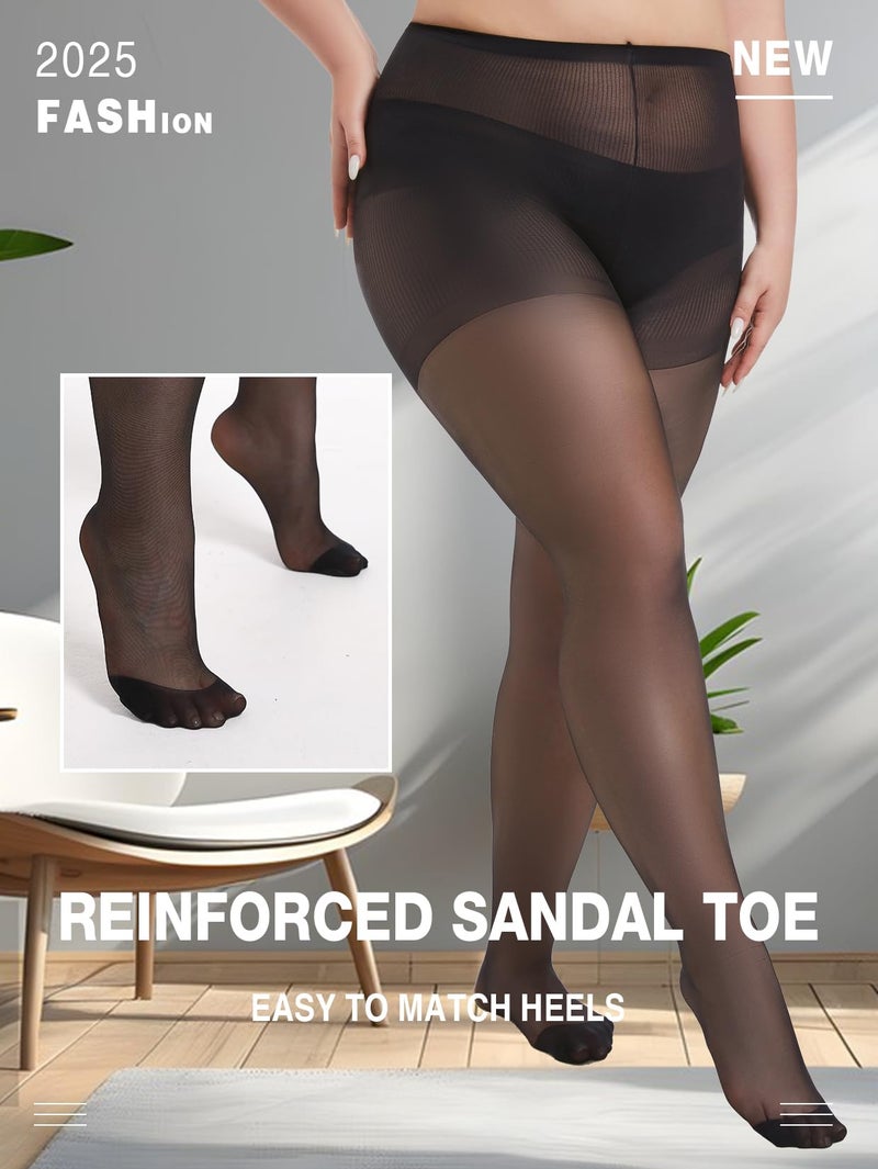 MERYLURE Plus Size Sheer Tights for Women,20D Control Top Pantyhose Reinforced Toes High Waist Stockings 2 Pairs 1XL-6XL - Image 5
