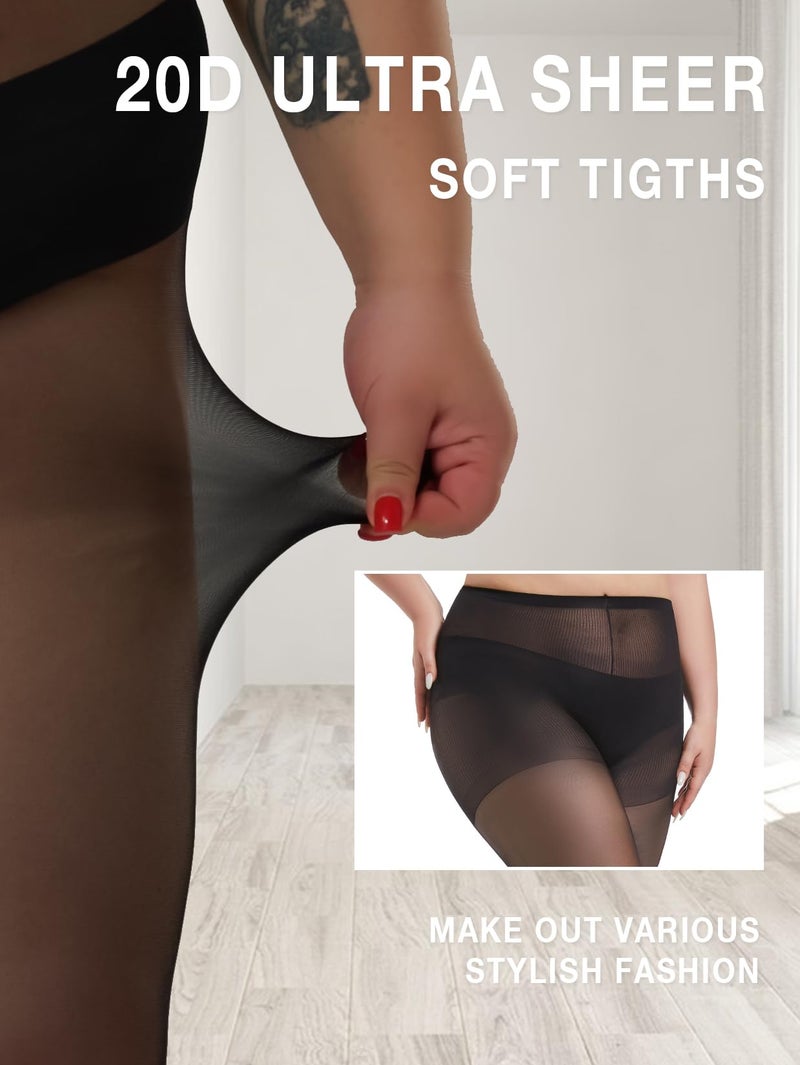 MERYLURE Plus Size Sheer Tights for Women,20D Control Top Pantyhose Reinforced Toes High Waist Stockings 2 Pairs 1XL-6XL - Image 4