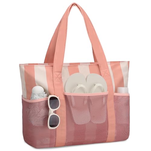 VASCHY Beach Bag for Women, Foldable Waterproof Sandproof Beach Tote with Zipper/Mesh Pockets for Vocation/Cruise/Gym/Travel Stripped Pink Beige - Image 1