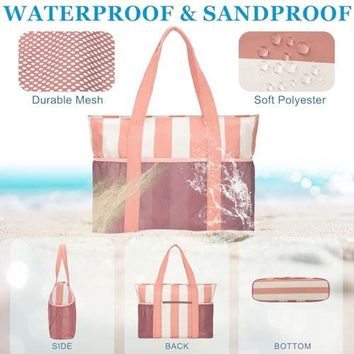 VASCHY Beach Bag for Women, Foldable Waterproof Sandproof Beach Tote with Zipper/Mesh Pockets for Vocation/Cruise/Gym/Travel Stripped Pink Beige - Image 3