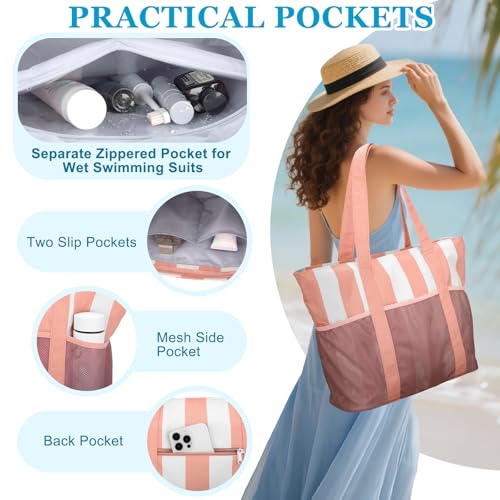 VASCHY Beach Bag for Women, Foldable Waterproof Sandproof Beach Tote with Zipper/Mesh Pockets for Vocation/Cruise/Gym/Travel Stripped Pink Beige - Image 5