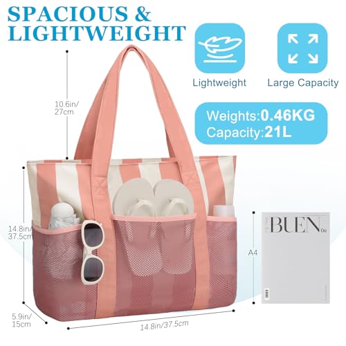 VASCHY Beach Bag for Women, Foldable Waterproof Sandproof Beach Tote with Zipper/Mesh Pockets for Vocation/Cruise/Gym/Travel Stripped Pink Beige - Image 2