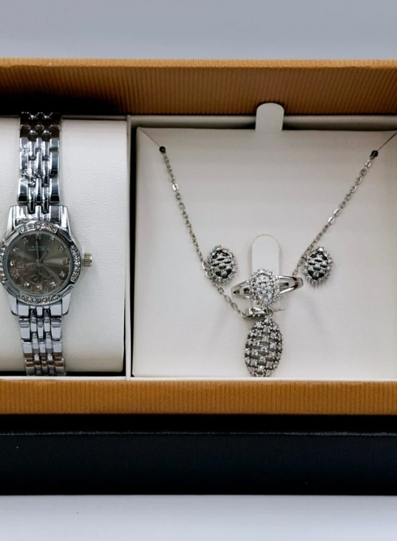 مونتيرا طقم ساعة يد بعقارب وطقم مكون من السلسال والحلق والخاتم للنساء