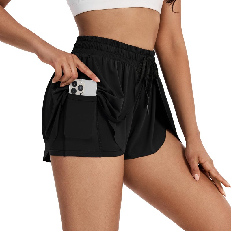 Blaosn Flowy Running Shorts for Women Workout Athletic Gym Yoga Sport Active Wear Golf Hiking Bike Skort Sweat Pants Tennis Skirt with Pockets Spandex Cute Comfy Trendy Clothes Casual Summer Outfits Black S - Image 3