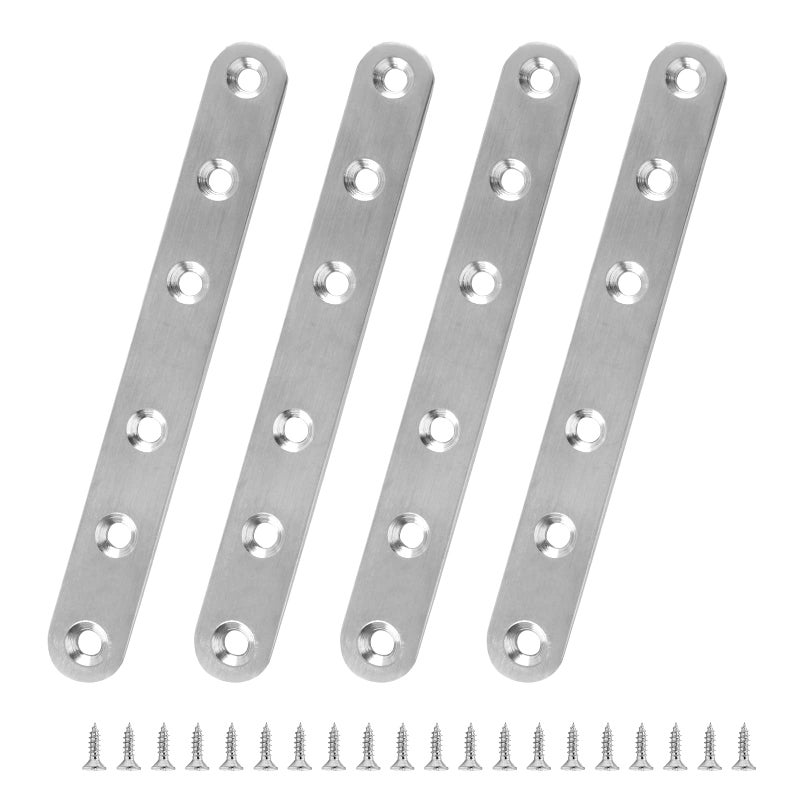 Litoexpe 4 Pcs 6.1 Inch Stainless Steel Straight Brackets, Silver Flat Straight Brace Metal Mending Plate Connector for Wood Furniture Repair, with 20 Pieces Screws (6.1 x 0.7 inch, 156 x 18 mm) - Image 5