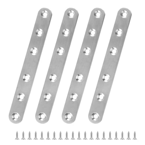 Litoexpe 4 Pcs 6.1 Inch Stainless Steel Straight Brackets, Silver Flat Straight Brace Metal Mending Plate Connector for Wood Furniture Repair, with 20 Pieces Screws (6.1 x 0.7 inch, 156 x 18 mm) - Image 1