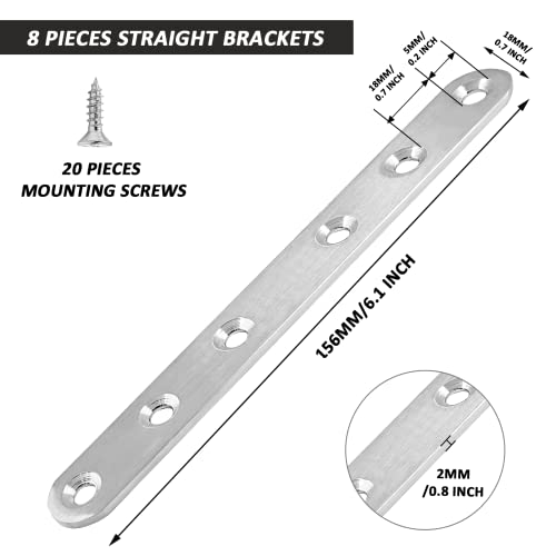 Litoexpe 4 Pcs 6.1 Inch Stainless Steel Straight Brackets, Silver Flat Straight Brace Metal Mending Plate Connector for Wood Furniture Repair, with 20 Pieces Screws (6.1 x 0.7 inch, 156 x 18 mm) - Image 2