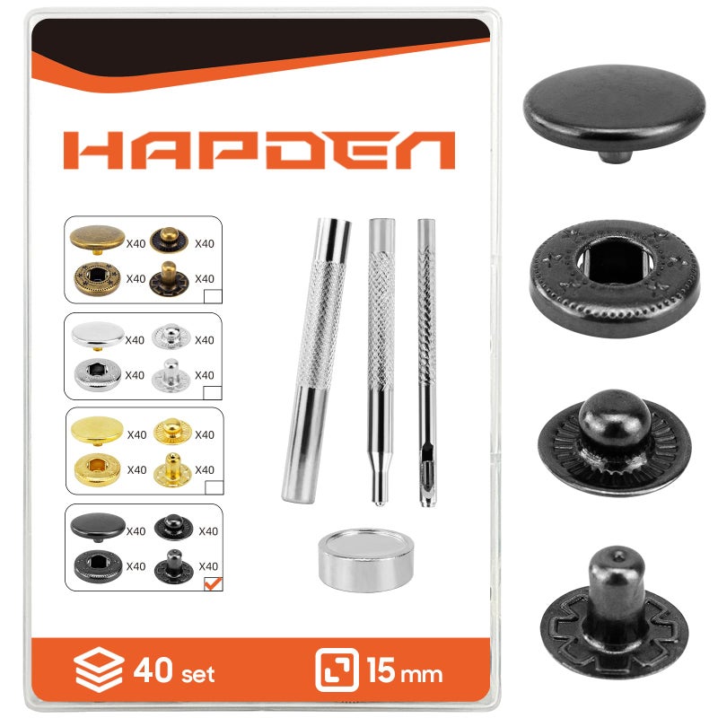 HAPDEN Leather Snaps and Fasteners Kitï¼Œ15mm 40 Sets Metal Snap Buttons with Setter Toolsï¼Œ Sewing Snaps for Clothingï¼ŒFabricï¼ŒLeather, Clothes, Jackets, Bags, DIY Crafting Black Snaps - Image 1
