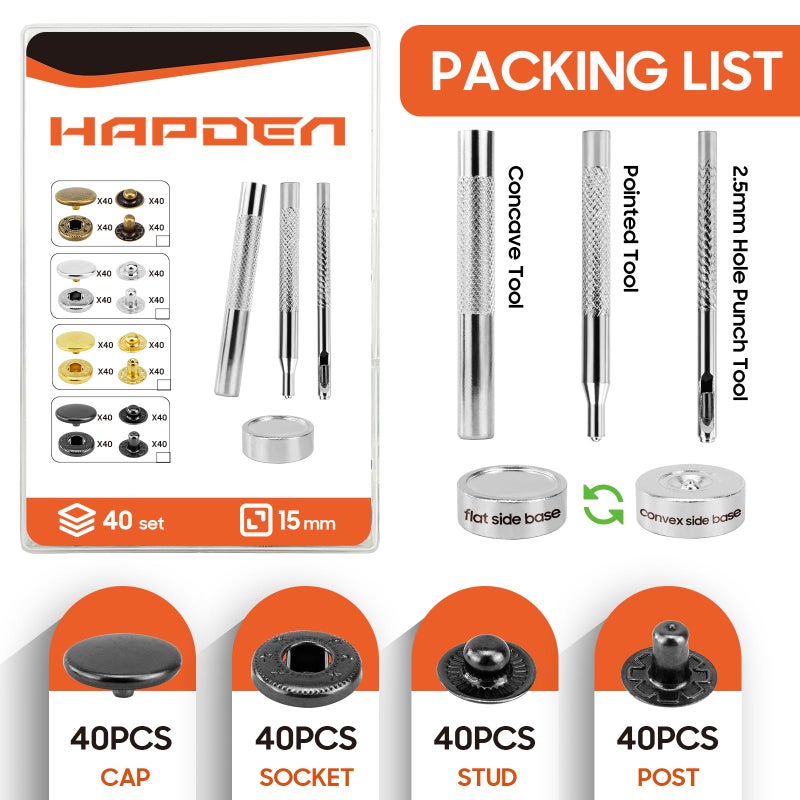 HAPDEN Leather Snaps and Fasteners Kitï¼Œ15mm 40 Sets Metal Snap Buttons with Setter Toolsï¼Œ Sewing Snaps for Clothingï¼ŒFabricï¼ŒLeather, Clothes, Jackets, Bags, DIY Crafting Black Snaps - Image 2
