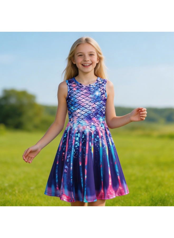 Funnycokid Girls Mermaid Dresses Summer Sundress Kids Sleeveless Outfit Birthday Dress Size 6 Size 7 Spring Twirl Clothes 6-7 Years - Image 3