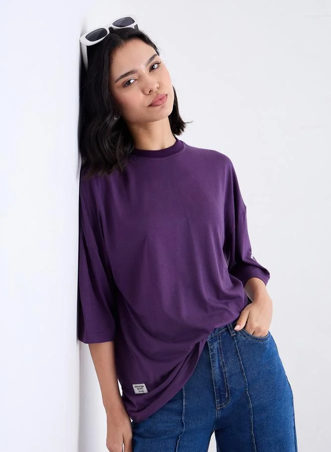 Styli Styli Purple Oversized Slogan Print T-Shirt