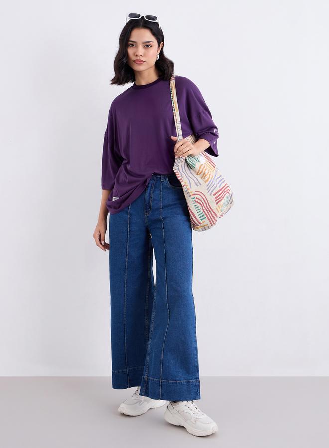 Styli Purple Oversized Slogan Print T-Shirt - Image 2