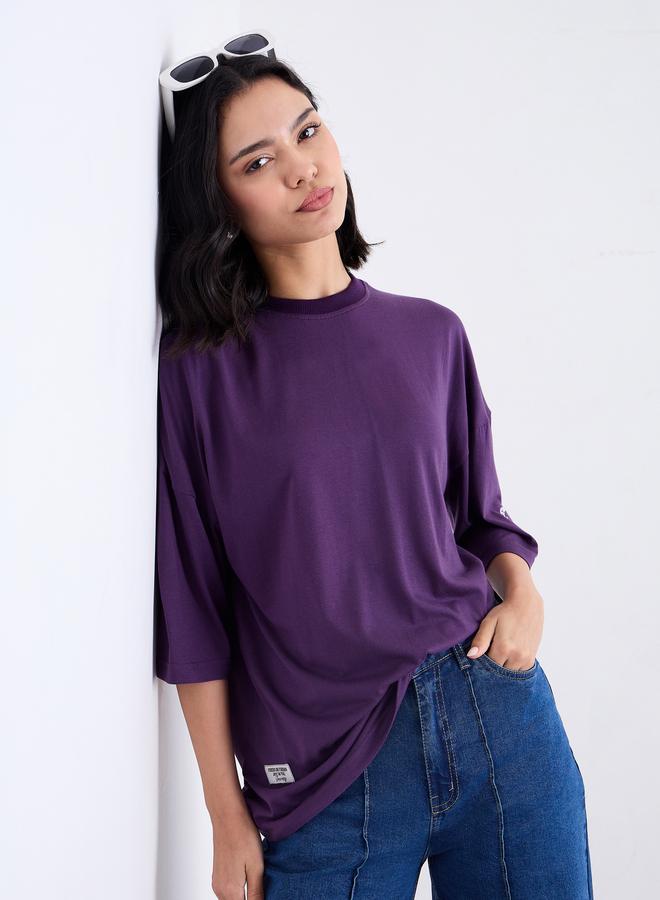 Styli Purple Oversized Slogan Print T-Shirt - Image 3
