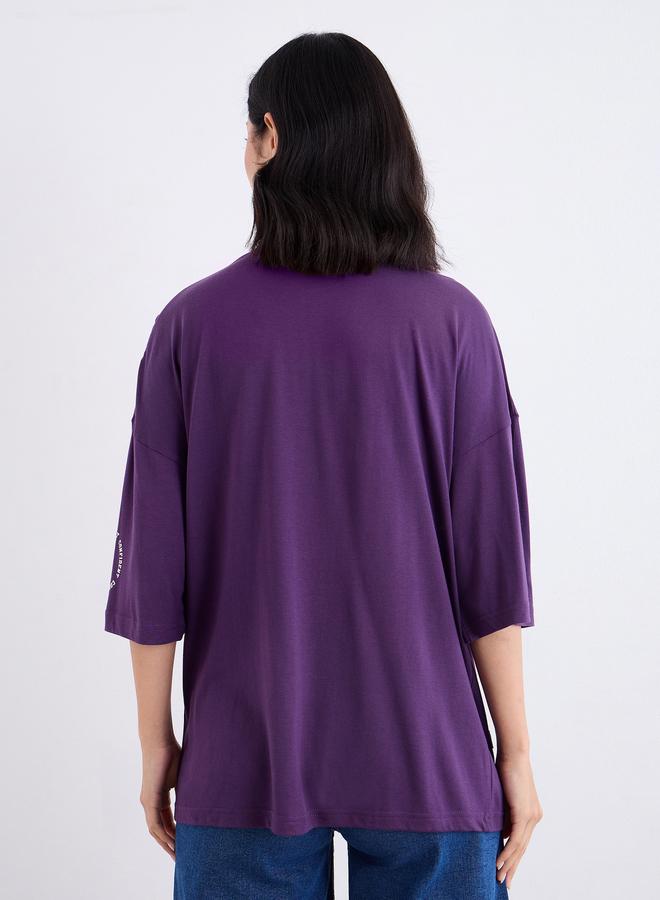 Styli Purple Oversized Slogan Print T-Shirt - Image 5
