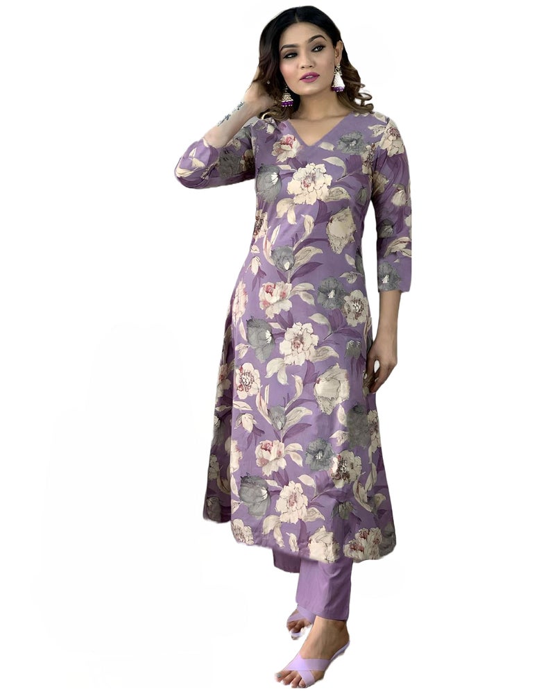 ANNI DESIGNER Women's Rayon Straight Printed Kurta with Pant Set (DHUN-Purple-NW_M_Purple_Medium) - Image 1