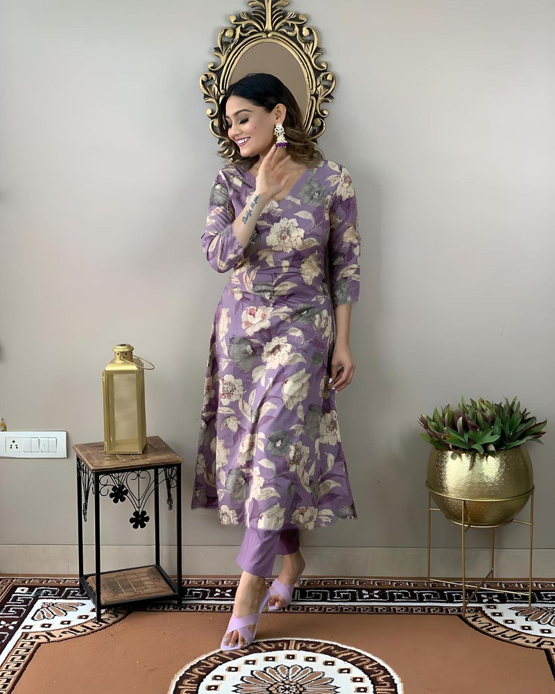 ANNI DESIGNER Women's Rayon Straight Printed Kurta with Pant Set (DHUN-Purple-NW_M_Purple_Medium) - Image 2