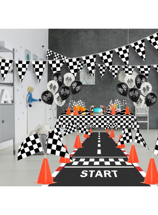 Ahier Race Car Party Decorations, 61 Pcs Set-12 Traffic Cones And 24 Racing Checkered Flags, 6.5Ft Racetrack Floor Runner And 9.8Ft Checkered Race Track Banner, Tablecloth, Balloons And Ribbons - Image 4