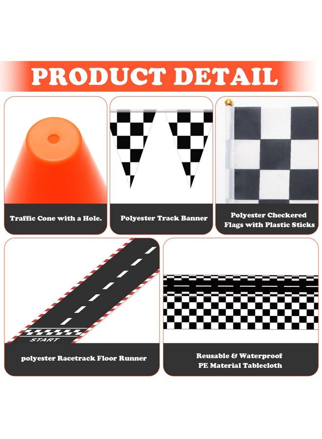 Ahier Race Car Party Decorations, 61 Pcs Set-12 Traffic Cones And 24 Racing Checkered Flags, 6.5Ft Racetrack Floor Runner And 9.8Ft Checkered Race Track Banner, Tablecloth, Balloons And Ribbons - Image 3