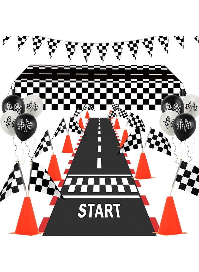 Ahier Race Car Party Decorations, 61 Pcs Set-12 Traffic Cones And 24 Racing Checkered Flags, 6.5Ft Racetrack Floor Runner And 9.8Ft Checkered Race Track Banner, Tablecloth, Balloons And Ribbons - Image 1